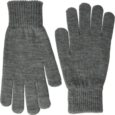 A pair of grey knitted gloves.