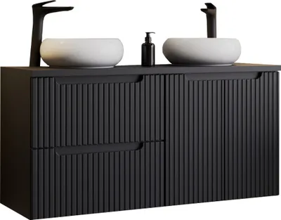 Produktbild von Doppelwaschtisch 120 cm mit Aufsatzwaschbecken, schwarz mit gerillter Front NEWPORT-56-BLACK