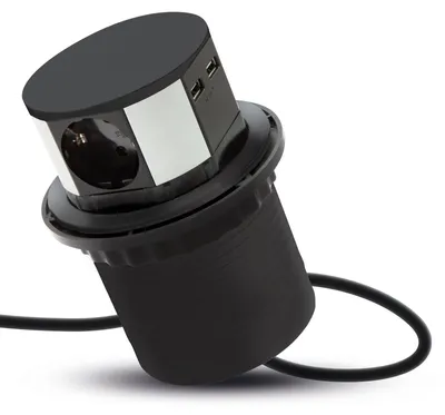 Produktbild von DELIGHT - Einbau Pop-Up Tischsteckdose mit 2x USB und 3 Steckdosen - Schwarz - Geringe Einbautiefe