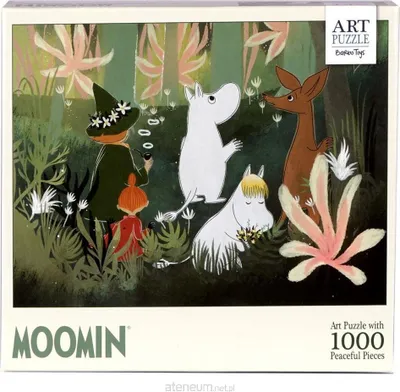 A Moomin puzzle box featuring cartoon characters in a forest setting.
