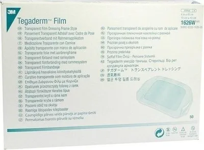 The image shows the retail packaging for Tegaderm Film transparent dressings.