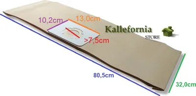A vacuum cleaner bag with dimensions marked on it.