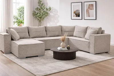 Produktbild von STYLO Couchgarnitur U-Form – Ecksofa in Cord Poso 2 mit Schlaffunktion & Bettkasten – Breite 315 cm