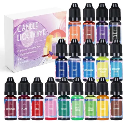 Productafbeelding van Kleurstoffen voor kaarsvet, vloeibaar, 18 kleuren, elk 10 ml, geschikt voor sojawachs, bijenwas, paraffine en gelwax. Geschenkverpakking