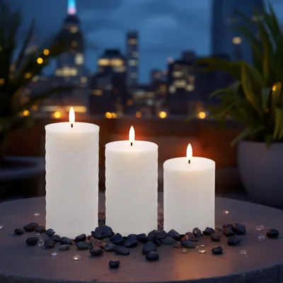 Immagine prodotto di 1.09 Set di 3 candele LED da esterno con fiamma 3D e timer - ca. 10 / 12,5 / 15 cm x Ø 7,5 cm - Candela a batteria da esterno