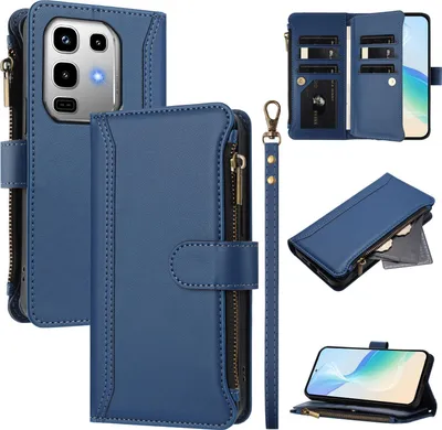 Produktbild von Handyhülle für Infinix Note 50 4G/Note 50 Pro 4G Reißverschluss Geldbörse Kunstleder Klapphülle mit Kartensteckplatz, Ständer, Handschlaufe Dunkelblau