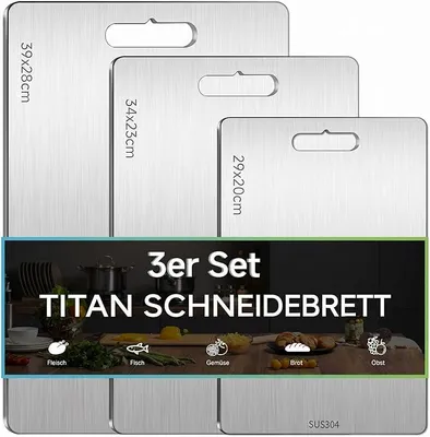 Produktbild von PolkaHome® 3-teiliges Titan-Schneidebrett-Set, Edelstahl-Schneidebretter, BPA-frei, rostfrei, lebensmittelecht, doppelseitige