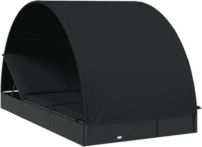 Produktbild von Sonnenliege für 2 Personen mit Runddach Schwarz, Rattan Doppel-Sonnenliege verstellbar, Gartensofa mit Kissen für Garten Balkon und Pool, 211 x 112 x 140 cm