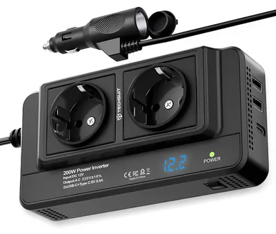 Obrázek produktu pro Techsuit – Car Power Inverter PowerDriveX – měnič napětí do auta s USB-C, 2× USB-A a 2× zásuvkou 220 V, 200 W – černý