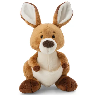 A plush toy kangaroo is sitting and facing the camera against a white background.