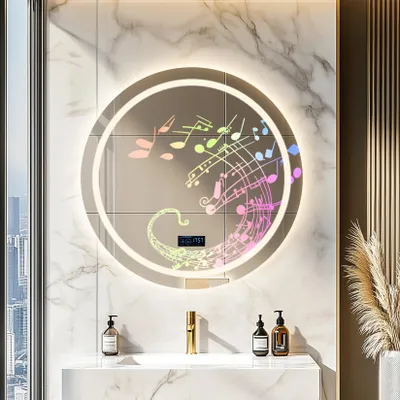 Immagine prodotto di Specchio da bagno a LED - Specchio rotondo da 80 cm da parete - Bluetooth - Temperatura del colore regolabile - Illuminazione frontale e posteriore - Antiappannamento - Orologio e indicatore di temperatura