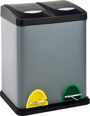 A gray dual-compartment trash can with yellow and green pedal bins.