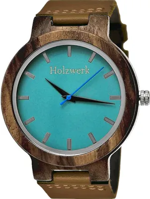 Produktbild von Holzwerk NAILA große Damen Holz Uhr mit Leder Armband in braun, türkis blau