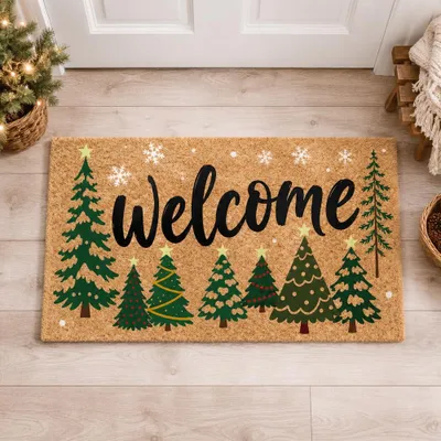 Weihnachts-Fußmatte 76x43 cm mit Tannenbaum und Schneeflocken