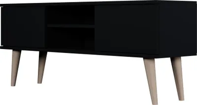 Produktbild von TV-Lowboard Fernsehtisch 120 cm in Schwarz – Soft-Close Türen, Stauraum & Kabeldurchlass – Skandinavisch Holzfüße, Holzbeine – Für Fernseher bis 50 Zoll – Micky