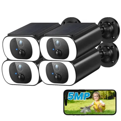 Produktbild von 4 Stücke 5MP FHD Überwachungskamera Aussen Akku mit Solarpanel 100% Kabellose Kamera Überwachung Aussen Solar Flutlicht 2-Wege-Audio FernzugriOhne ABO