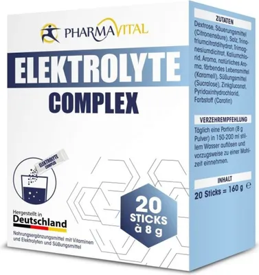 Produktbild von PharmaVital Elektrolyte Complex 20er Packung (Vitamin B6, Magnesium & Zink, 20 Pulversticks je 8g)