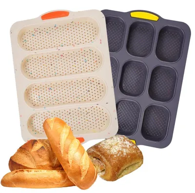 Produktbild von Baguette-Backform Silikon Set 2 Stück 4-fach Beige & 9-fach Grau 33,5x23,5x2,5cm Ofen Mikrowelle Antihaft Griffe Luftlöcher