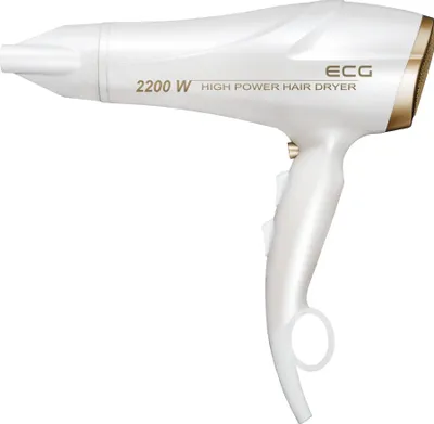 A white and gold hair dryer is shown against a white background.