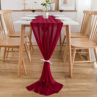 Produktbild von CHUQING Tischläufer Chiffon, in Rot (70 cm x 550 cm), rotweinfarbener dekorativer Tischband aus Stoff, dunkelrote Tischdekoration für Geburtstage, Hochzeiten, Kommunionen, bordeauxrot, 5 m