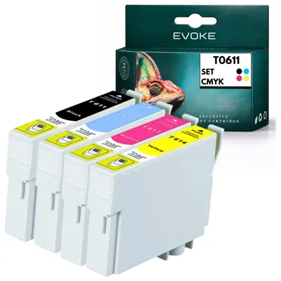 Image de Encres compatibles Evoke pour les modèles Epson T0611, T0612, T0613, T0614 (0611-0614), 4 couleurs CMJN : Noir, Cyan, Magenta, Jaune, contenance 66 ml. Compatibles avec les modèles Stylus D68, D88 ; DX3800, 3850, 4200, 4250, 4800, 4850