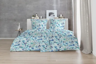 Produktbild von Hahn Feinbiber Bettwäsche Blumengarten 100% Baumwolle Reißverschluss Bettbezug Kissenbezug Bettgarnitur Bettwäsche-Set Bettzeug 135x200 cm Blau