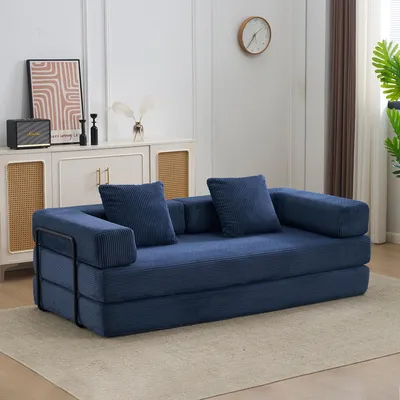 Produktbild von Bodensofa, Kompressionssofa, ausziehbares Bodenschlafsofa mit Kissenrückenlehne und Armlehnen, Cordstoff, für das Wohnzimmer (Dunkelblau)