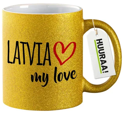 Produktbild von Huuraa Glitzertasse Latvia my love 330ml Gold Keramik Kaffeebecher Geschenkidee