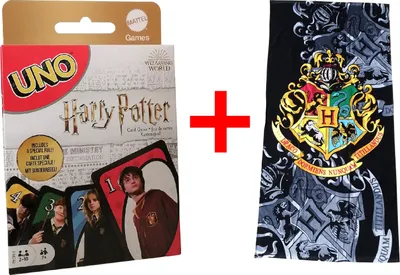 Obrázok produktu pre Fanúšikovská sada 2 kariet Mattel FNC42 UNO Hogwarts a plážová osuška s erbom Bradavíc 70 x 140 cm, 100 % bavlna