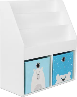 Immagine prodotto di Libreria per bambini Relaxdays, dimensioni: 79 x 72 x 30,5 cm, 3 ripiani aperti per libri, 2 contenitori per giocattoli, libreria per bambini, bianca
