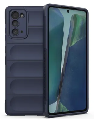 A dark blue phone case is shown next to a smartphone.
