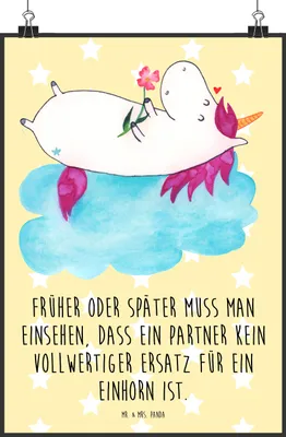 Produktbild von Mr. & Mrs. Panda Bild Einhorn Verliebt DIN A2 - Gelb Pastell - Geschenk, wanddeko, Einhörner, drucke, Wanddekoration, Plakat, Freundin, Liebe, Unicorn, Wandbild
