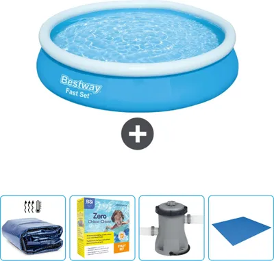 Immagine prodotto di Piscina gonfiabile rotonda Bestway ad ambientazione rapida - 366 x 76 cm - blu - include tenda da sole - pacchetto manutenzione - pompa - telo di protezione