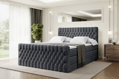 Produktbild von ALTDECOR Boxspringbett mit Fußteil, 2 Matratzen und Topper - 200x200 cm - SERENE-Z KING - Dunkelgrau Samt - Polsterbett mit, H3- und H4- Matratzen, Bettkasten und Lattenrost, Bett mit Stauraum