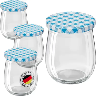 Four glass jars with blue and white checkered lids are arranged on a white background. One jar in the foreground has a German flag logo on it.
