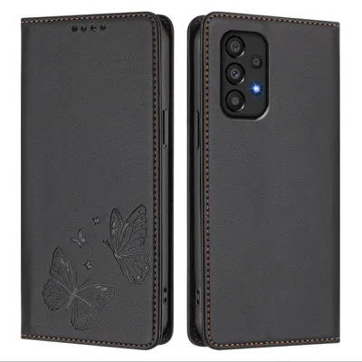 Image de Étui en cuir pour Samsung Galaxy A33 5G, motif papillon en relief, étui à rabat avec porte-appareil, noir