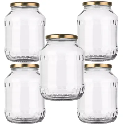 Five empty glass jars with gold lids are arranged in a staggered pattern on a white background.
