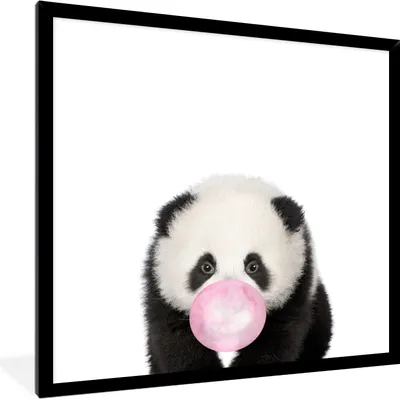 Produktbild von MuchoWow® Gerahmtes Poster Tiere - Panda - Kaugummi - Rosa - Mädchen - Kind 40x40 cm - Poster mit Schwarzem Bilderrahmen Wandposter Rahmen Foto Bilder - Mit Rahmen - Wanddekoration Schlafzimmer