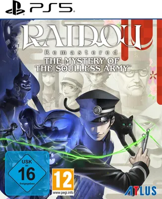The image is a video game cover art for 'Raidou Remastered: The Mystery of the Soulless Army' on PS5. It features characters from the game, the game title, and age rating symbols.