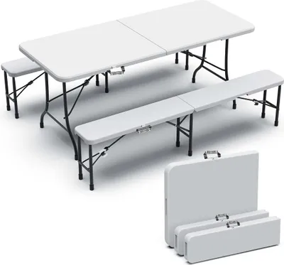 Produktbild von VOUNOT® Bierzeltgarnitur Klappbar 3-teilig Set, 1 Biertisch & 2 Bierbänke, Festzeltgarnitur Gartengarnitur Campingset, Weiß