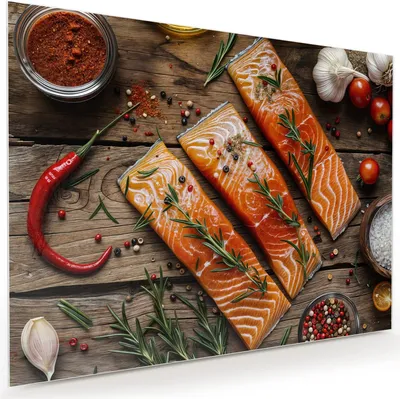 Produktbild von Glasbild 120x90cm in XXL für Wohnzimmer, Schlafzimmer Motiv Lachsfilets