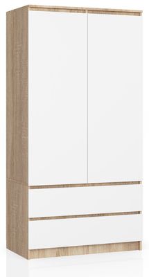 Kleiderschrank AKORD S90 Hochwertige Qualität Kleiderschrank für das Schlafzimmer Wohnzimmer Flur Kleiderschrank mit Auszug Einfache Montage L51 x B90 x H180 cm Drehtürenschränk Breite 90 Farbe: Hellbraun Weiß Sonoma Eiche