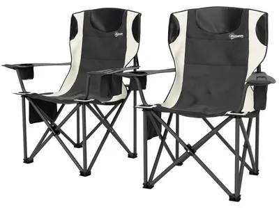 Image de Lot de 2 chaises pliantes avec accoudoirs, porte-boissons, appui-tête et sac isotherme, pouvant supporter jusqu'à 120 kg