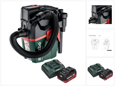 A collage of images showing a cordless vacuum cleaner, its accessories, and technical drawings.
