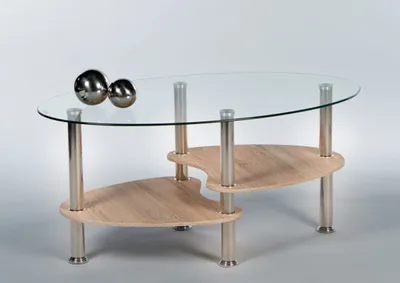 A modern coffee table with a glass top and wooden shelves, displayed against a neutral background.