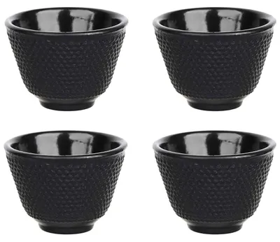 Gusseiserne Teetassen, 4er-Set, schwarz, asiatisches Design