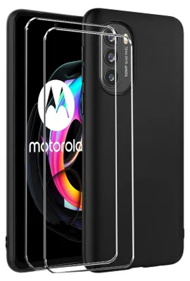 Obrázok produktu pre sada ochranných krytov 2v1 pre Motorola Moto E32 / E32s pozostáva z 2x ochranného skla 9H a 1x silikónového puzdra - kryt v čiernej farbe