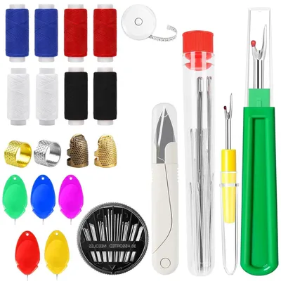 Productafbeelding van Naalden set met 71 onderdelen, inclusief naalden met grote oog, naaigaren, draadnijper, vingerbeschermer, naaigarensverwijderaar, schaar en meetlint