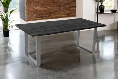 Produktbild von Esstisch Josy | 200 x 100 cm | Holz-Optik in Grau | U-Gestell Metall Silber | 40 mm Tischplatte mit Baumkante | Tisch für Esszimmer & Küche