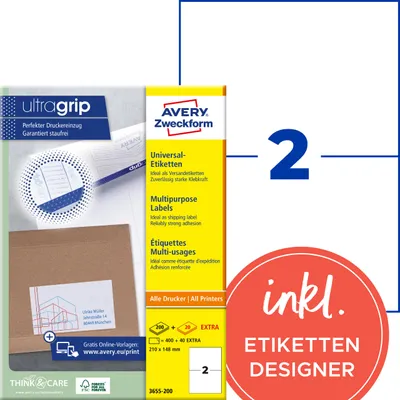 Produktbild von Avery Zweckform 3655-200, Universal-Etiketten, A4, Qualitätsdruck mit: ultragrip, 210 x 148 mm, 440 Etiketten / 220 Bögen, weiß